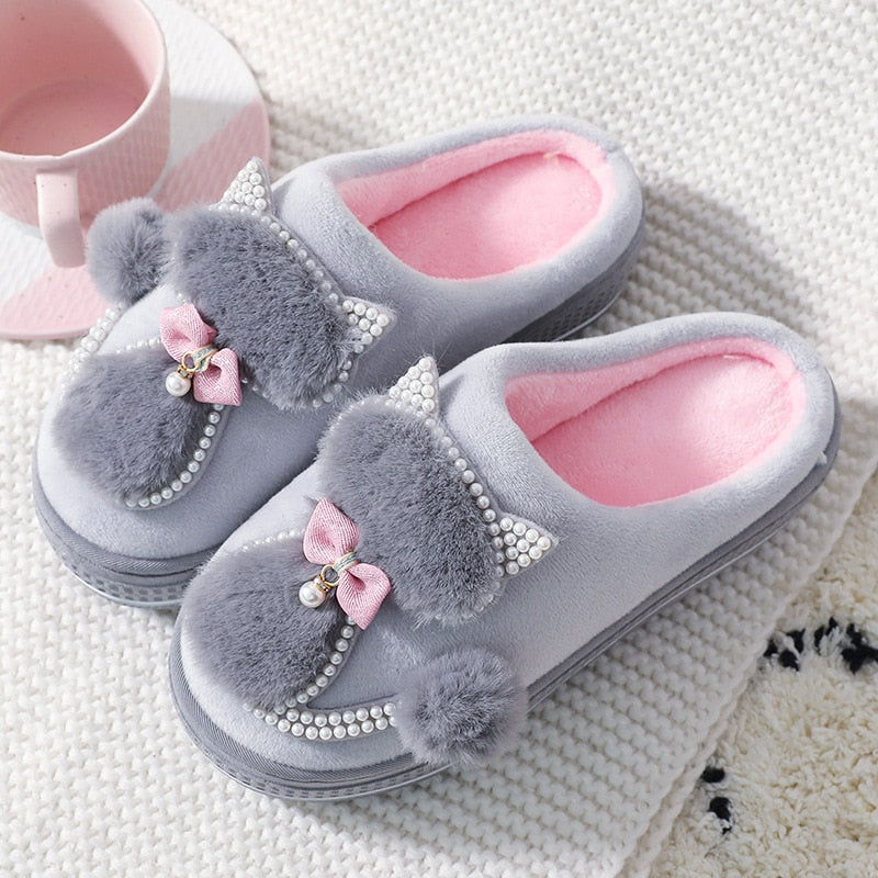Kawaii Cat Pearls Slippers - (4 Color Options) (6 Sizes) - Ladies