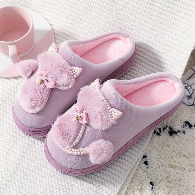Kawaii Cat Pearls Slippers - (4 Color Options) (6 Sizes) - Ladies