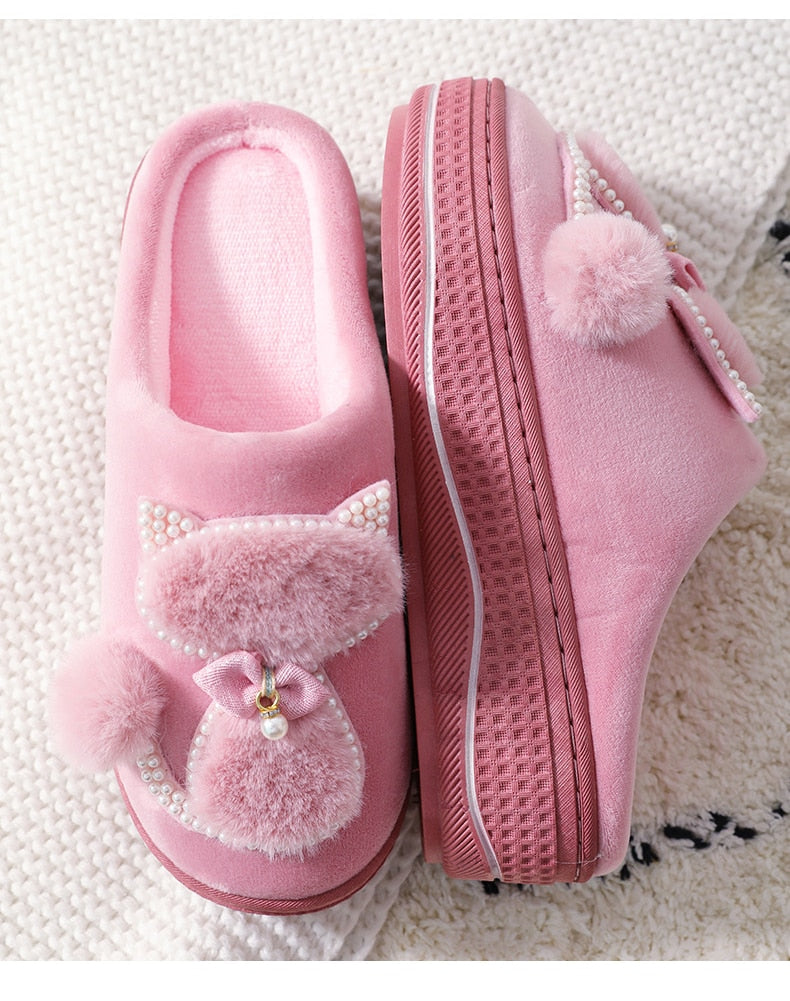 Kawaii Cat Pearls Slippers - (4 Color Options) (6 Sizes) - Ladies
