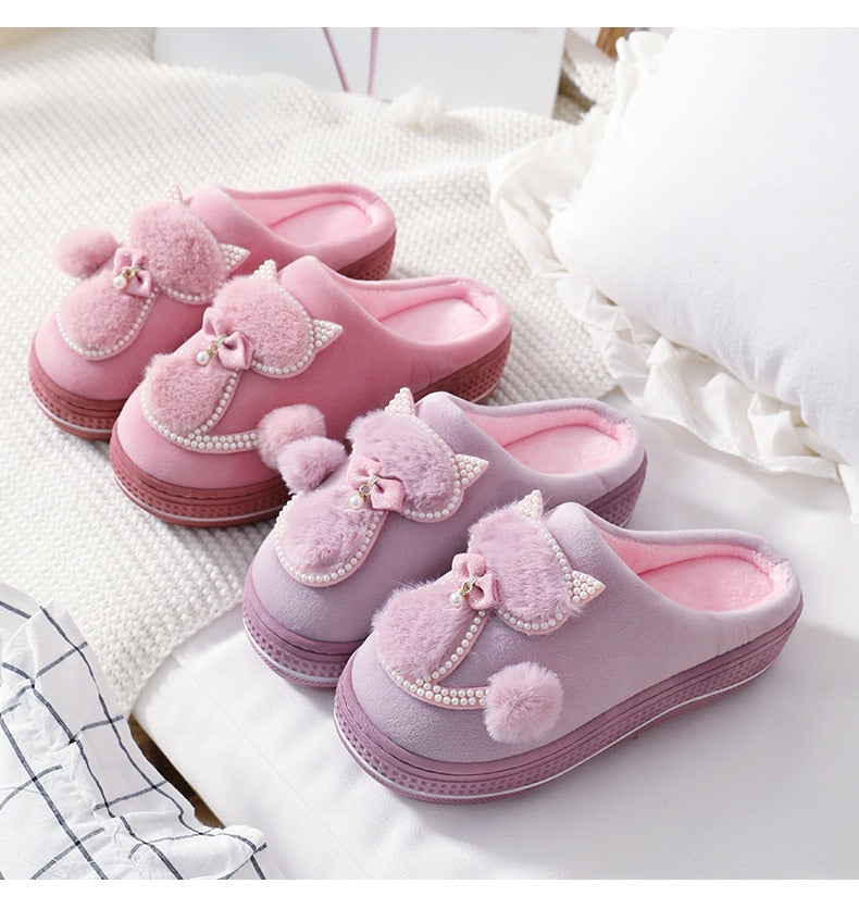 Kawaii Cat Pearls Slippers - (4 Color Options) (6 Sizes) - Ladies