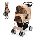 Foldable 4-Wheel Pet Stroller with Storage Basket - Dog Cat - (Beige) - (4 Mesh Windows) - (While Supplies Last)