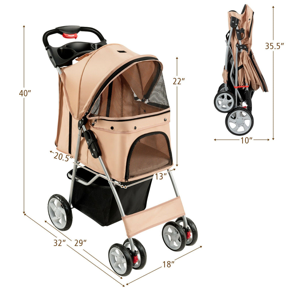 Foldable 4-Wheel Pet Stroller with Storage Basket - Dog Cat - (Beige) - (4 Mesh Windows) - (While Supplies Last)