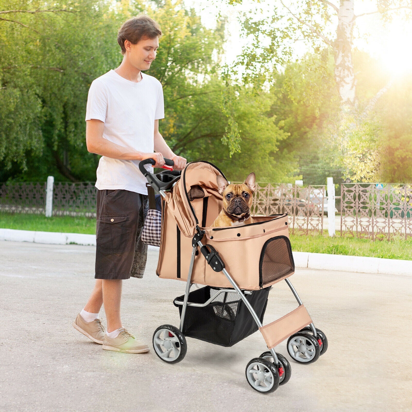 Foldable 4-Wheel Pet Stroller with Storage Basket - Dog Cat - (Beige) - (4 Mesh Windows) - (While Supplies Last)