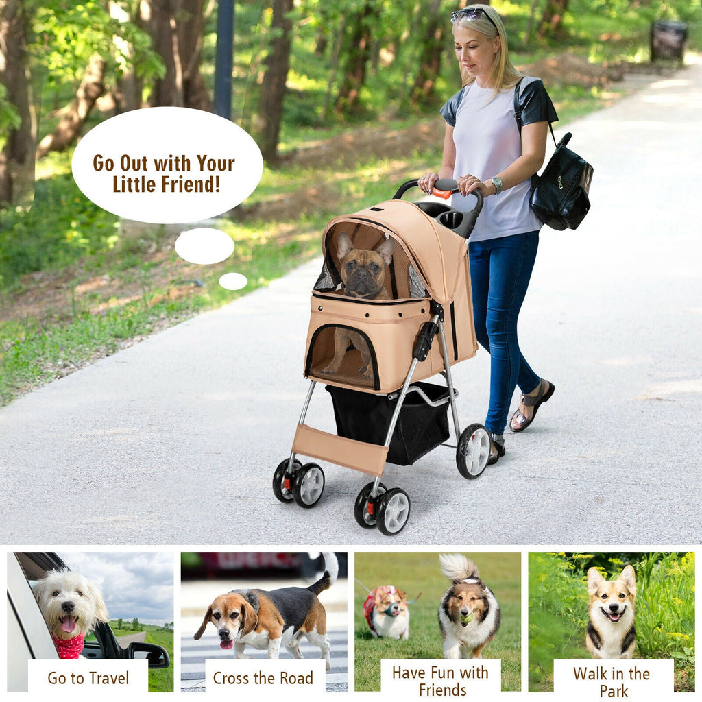 Foldable 4-Wheel Pet Stroller with Storage Basket - Dog Cat - (Beige) - (4 Mesh Windows) - (While Supplies Last)