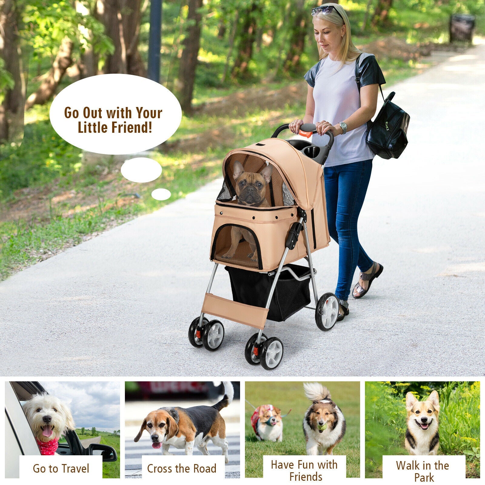 Foldable 4-Wheel Pet Stroller with Storage Basket - Dog Cat - (Beige) - (4 Mesh Windows) - (While Supplies Last)