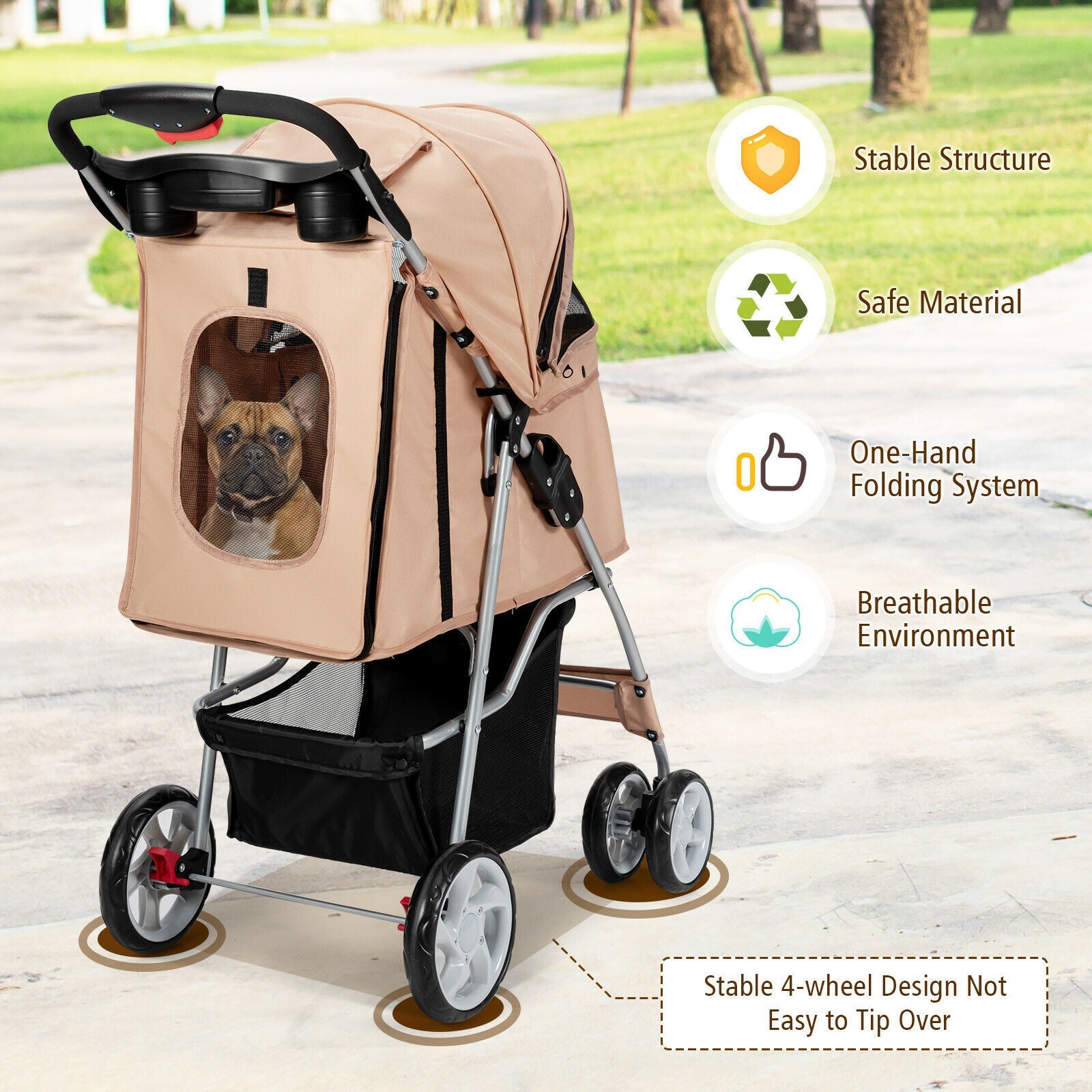 Foldable 4-Wheel Pet Stroller with Storage Basket - Dog Cat - (Beige) - (4 Mesh Windows) - (While Supplies Last)