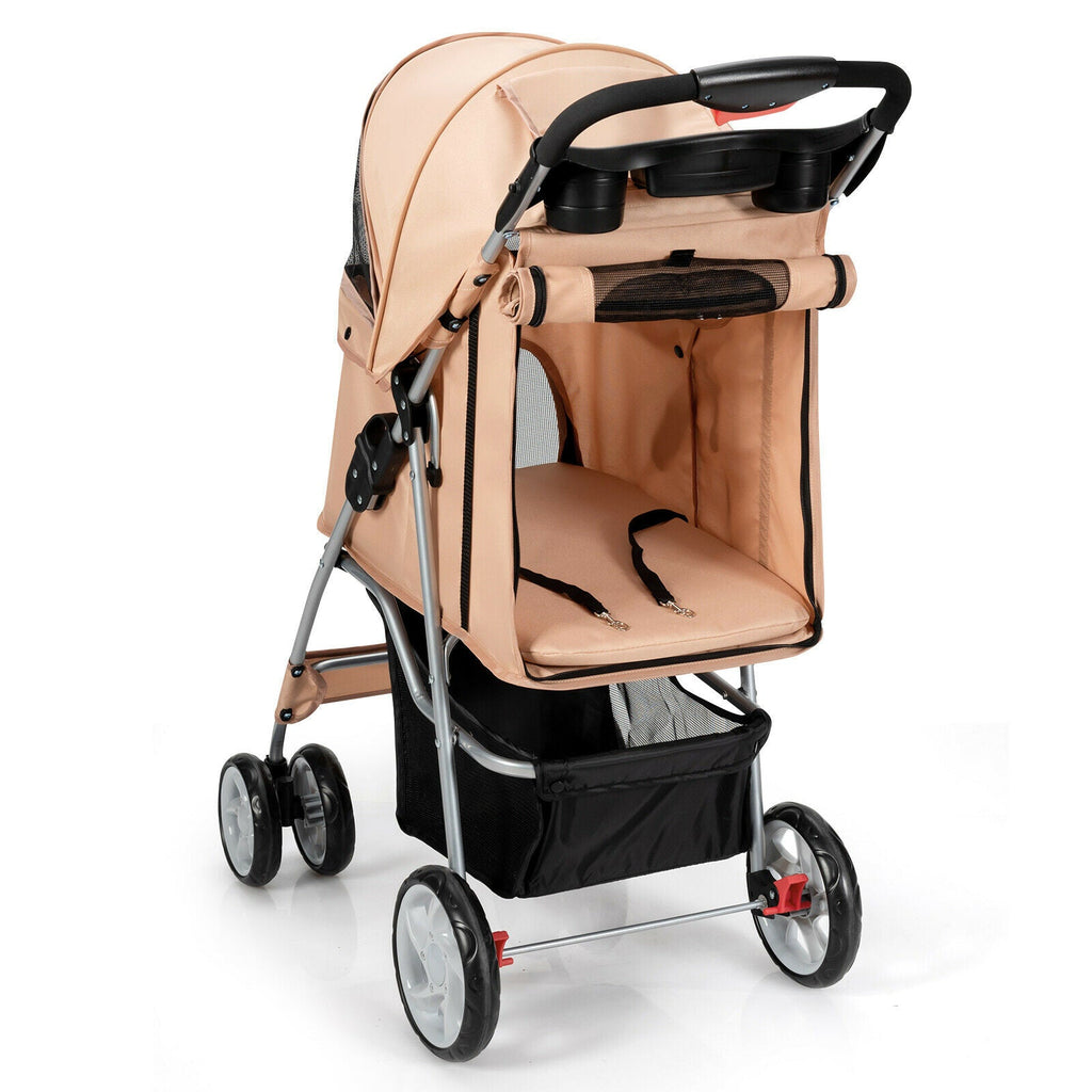 Foldable 4-Wheel Pet Stroller with Storage Basket - Dog Cat - (Beige) - (4 Mesh Windows) - (While Supplies Last)