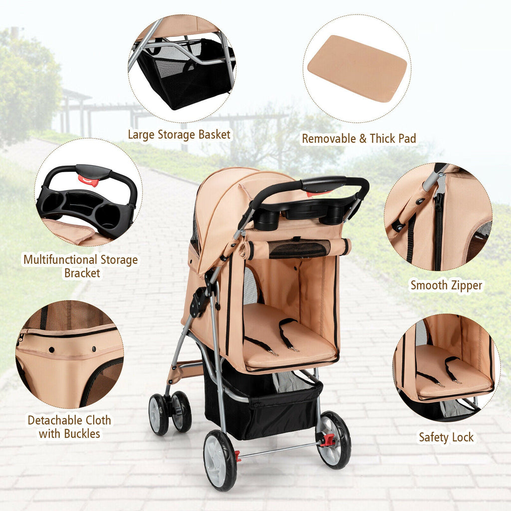 Foldable 4-Wheel Pet Stroller with Storage Basket - Dog Cat - (Beige) - (4 Mesh Windows) - (While Supplies Last)