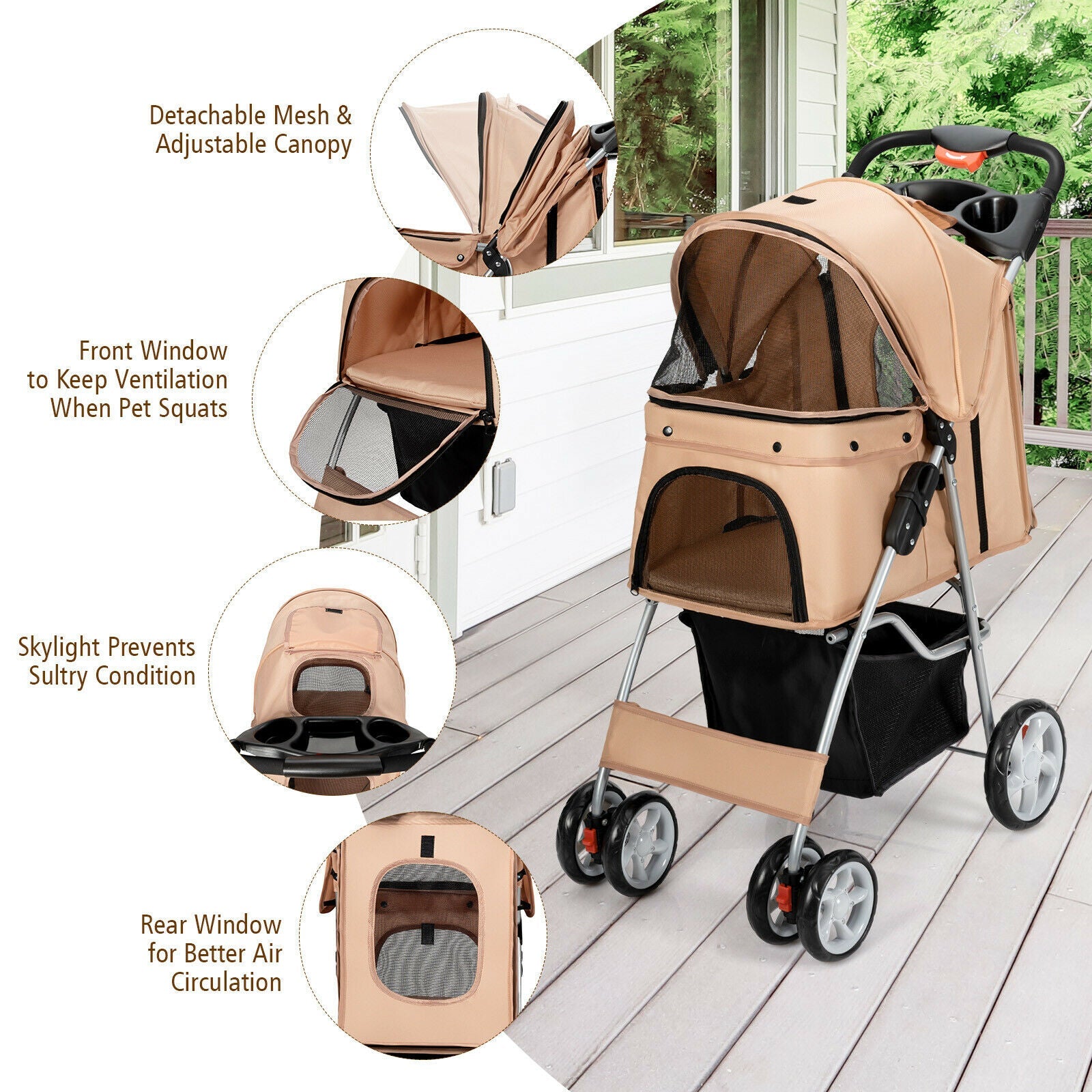 Foldable 4-Wheel Pet Stroller with Storage Basket - Dog Cat - (Beige) - (4 Mesh Windows) - (While Supplies Last)