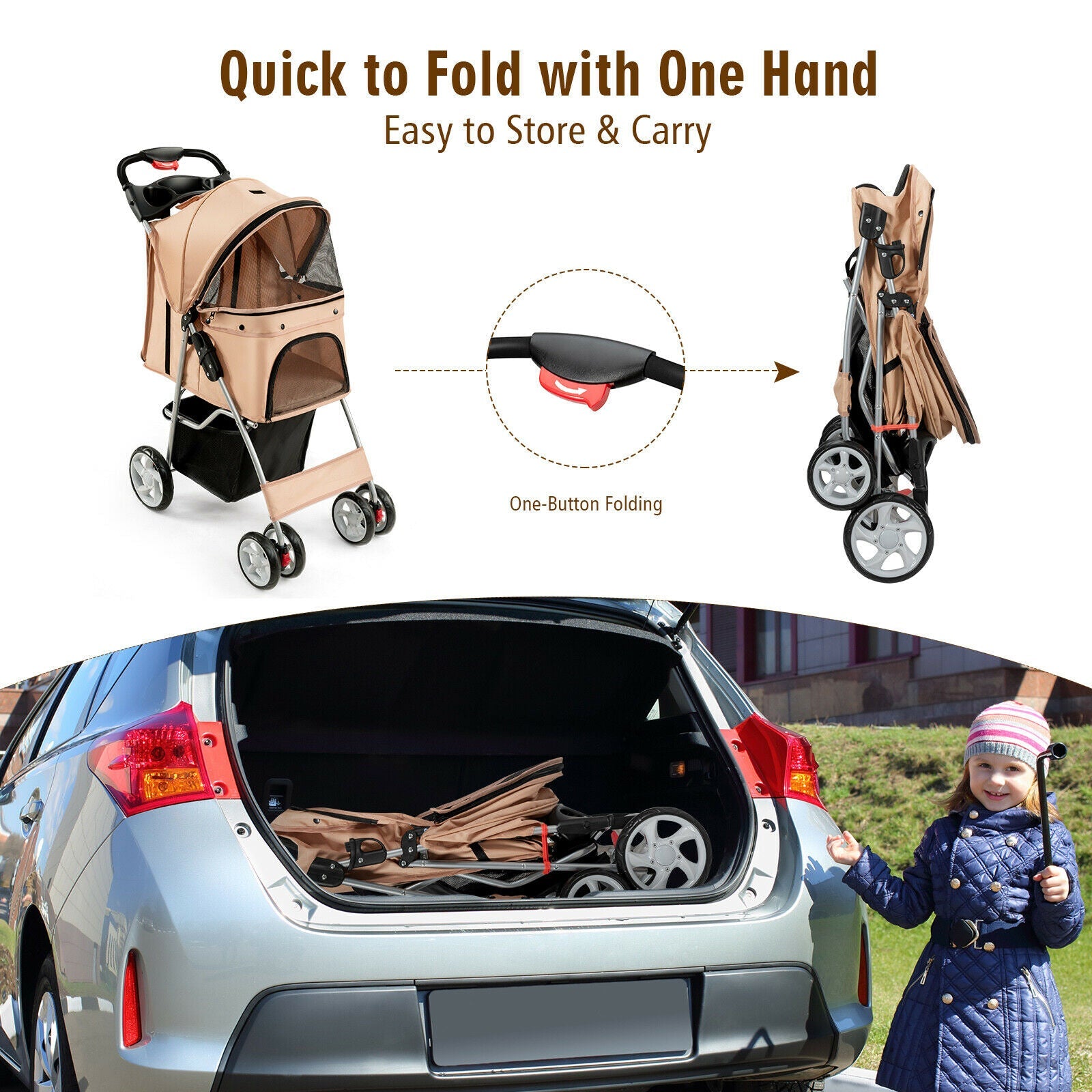 Foldable 4-Wheel Pet Stroller with Storage Basket - Dog Cat - (Beige) - (4 Mesh Windows) - (While Supplies Last)