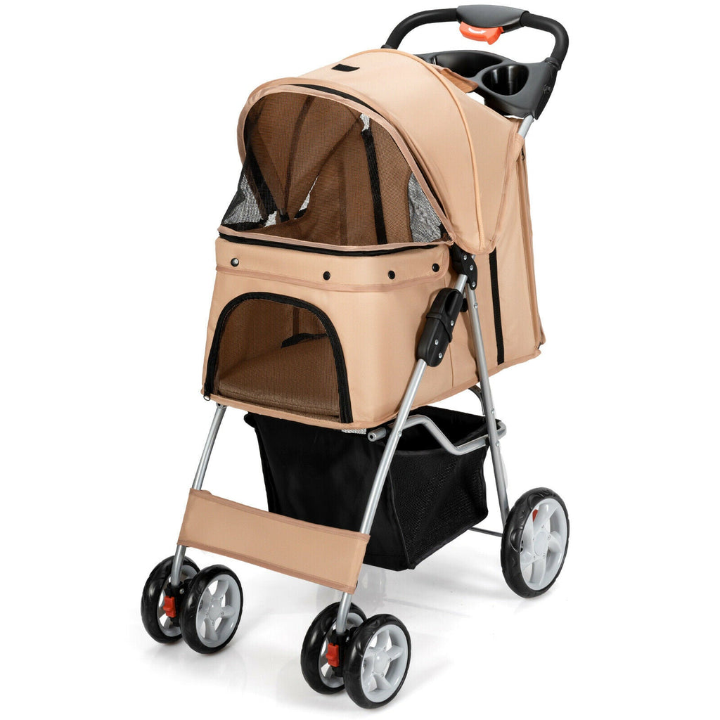 Foldable 4-Wheel Pet Stroller with Storage Basket - Dog Cat - (Beige) - (4 Mesh Windows) - (While Supplies Last)