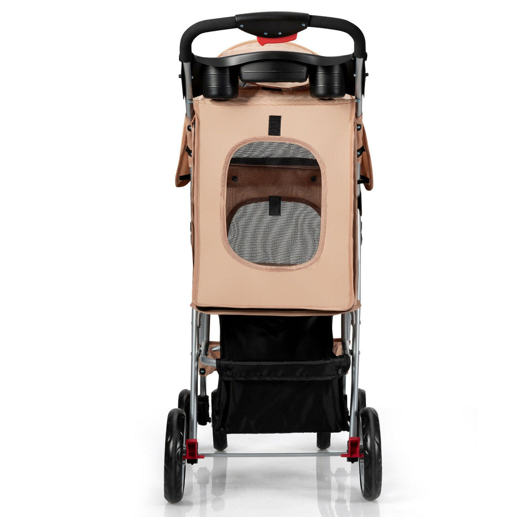 Foldable 4-Wheel Pet Stroller with Storage Basket - Dog Cat - (Beige) - (4 Mesh Windows) - (While Supplies Last)