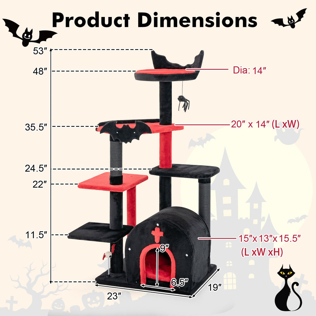 Gothic 53" Tree Tower with Arch-Shaped Condo and Pom Pom Toy Spider - Cat - (Black) - (Wide Perch)