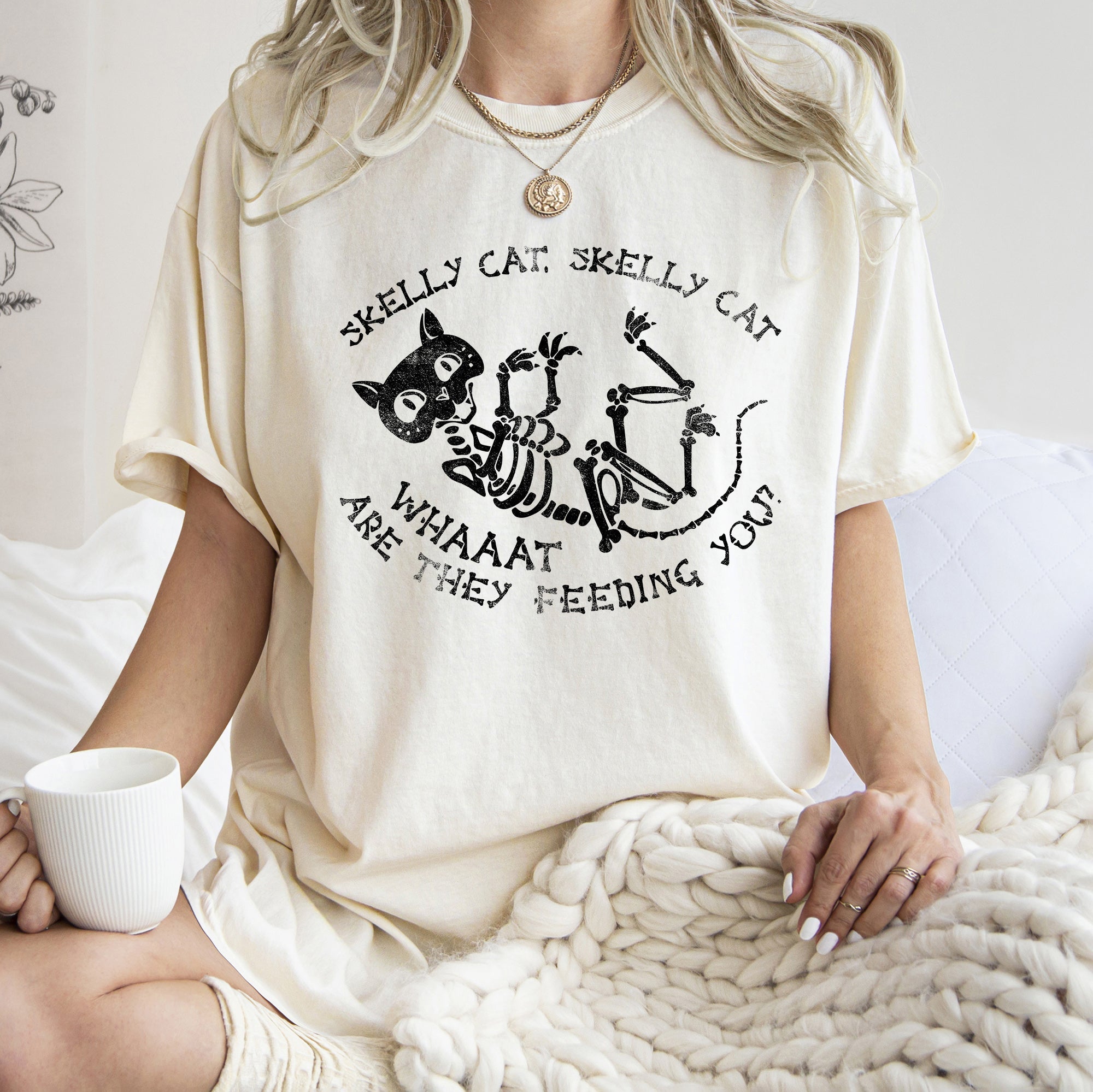 Funny "Skelly Cat...Feeding You" Retro Halloween Comfort T-Shirt - (16 Color Options) - (S-XL) - Ladies