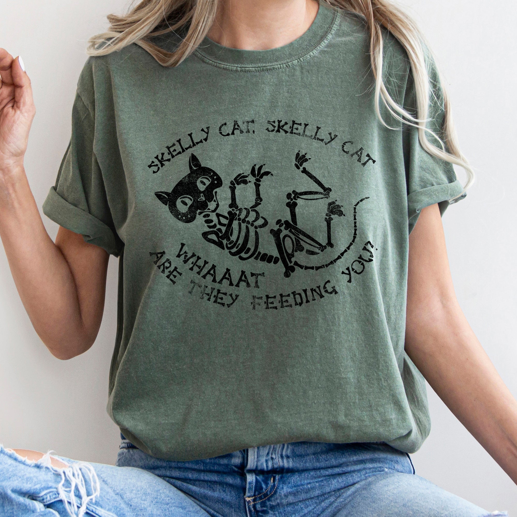 Funny "Skelly Cat...Feeding You" Retro Halloween Comfort T-Shirt - (16 Color Options) - (S-XL) - Ladies