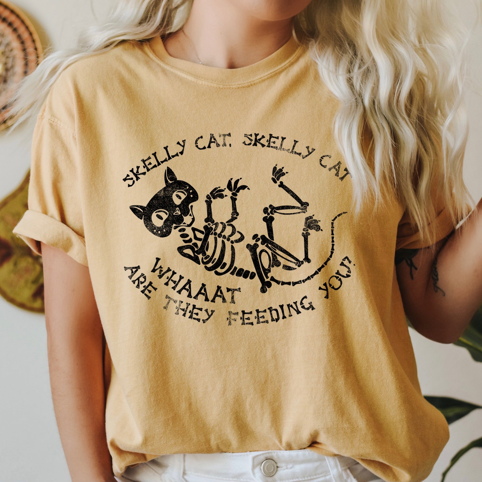 Funny "Skelly Cat...Feeding You" Retro Halloween Comfort T-Shirt - (16 Color Options) - (S-XL) - Ladies