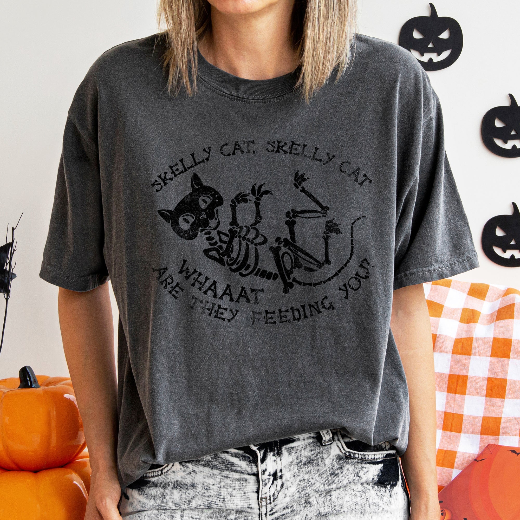Funny "Skelly Cat...Feeding You" Retro Halloween Comfort T-Shirt - (16 Color Options) - (S-XL) - Ladies