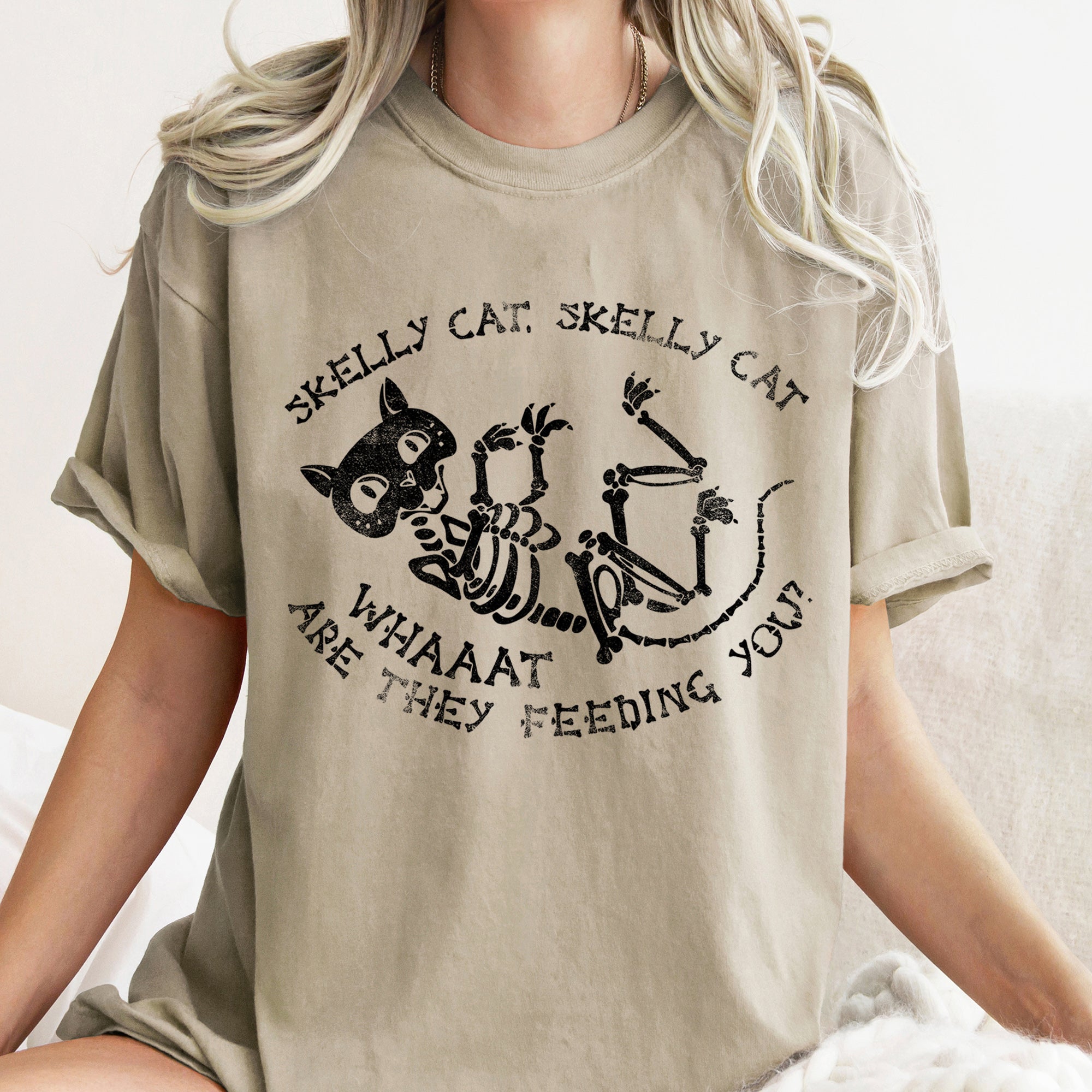 Funny "Skelly Cat...Feeding You" Retro Halloween Comfort T-Shirt - (16 Color Options) - (S-XL) - Ladies