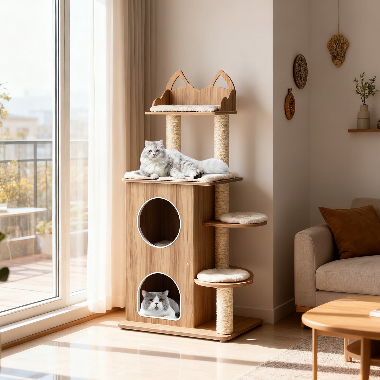 Wooden Cat Tree with 2-Floor Condo and Washable Cushions