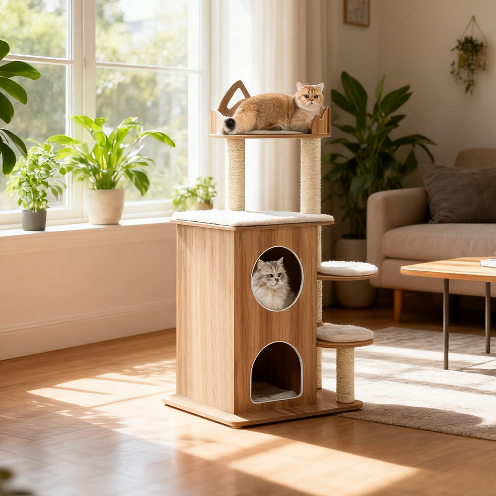 Wooden Cat Tree with 2-Floor Condo and Washable Cushions