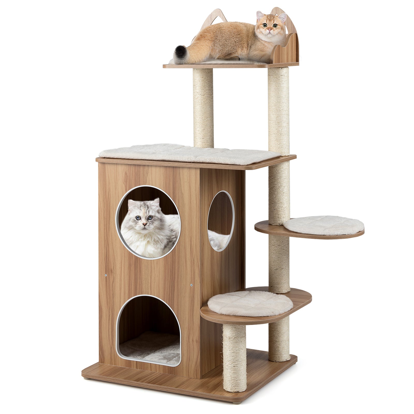 Wooden Cat Tree with 2-Floor Condo and Washable Cushions