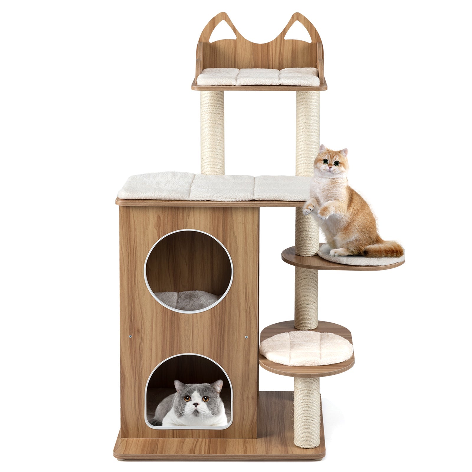 Wooden Cat Tree with 2-Floor Condo and Washable Cushions