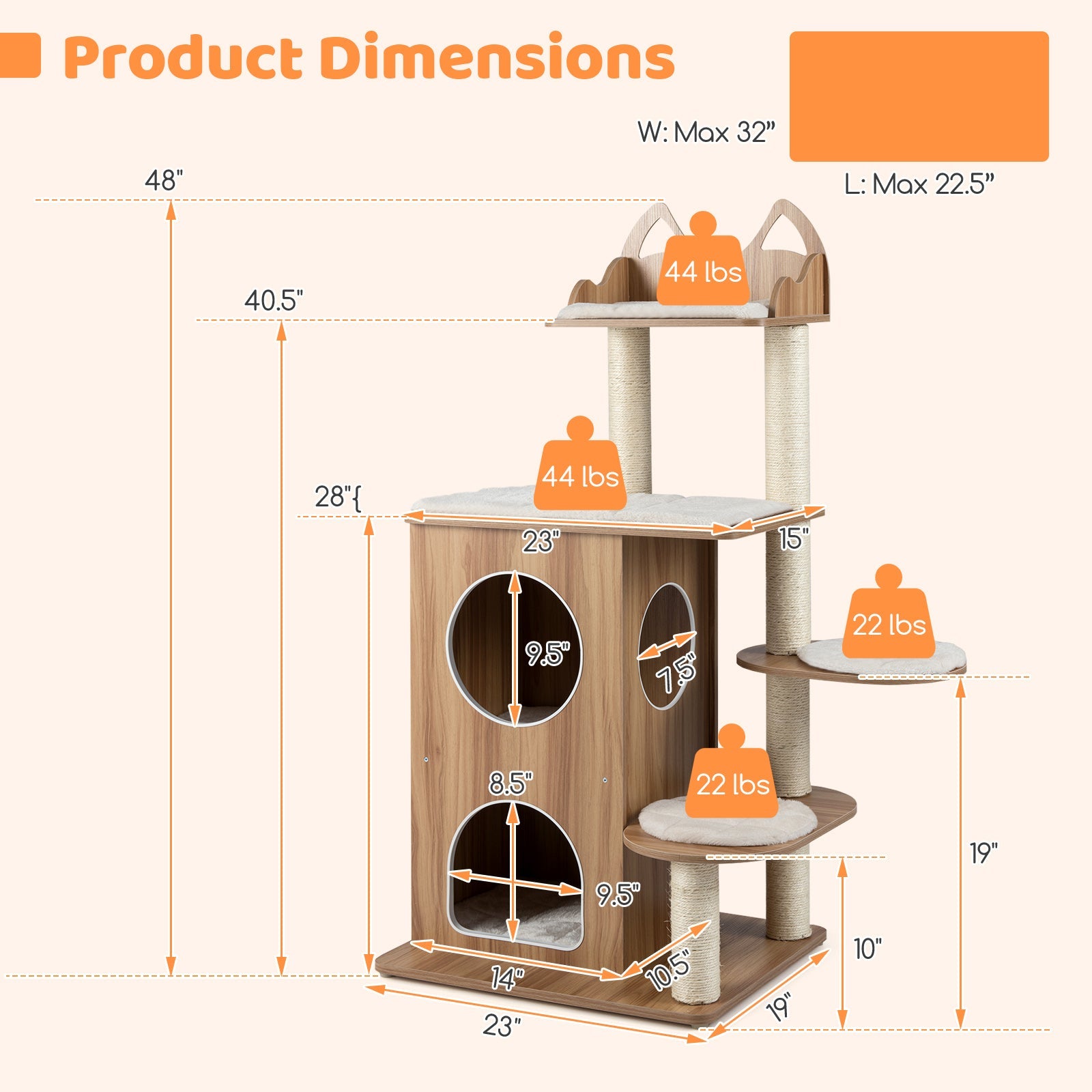 Wooden Cat Tree with 2-Floor Condo and Washable Cushions