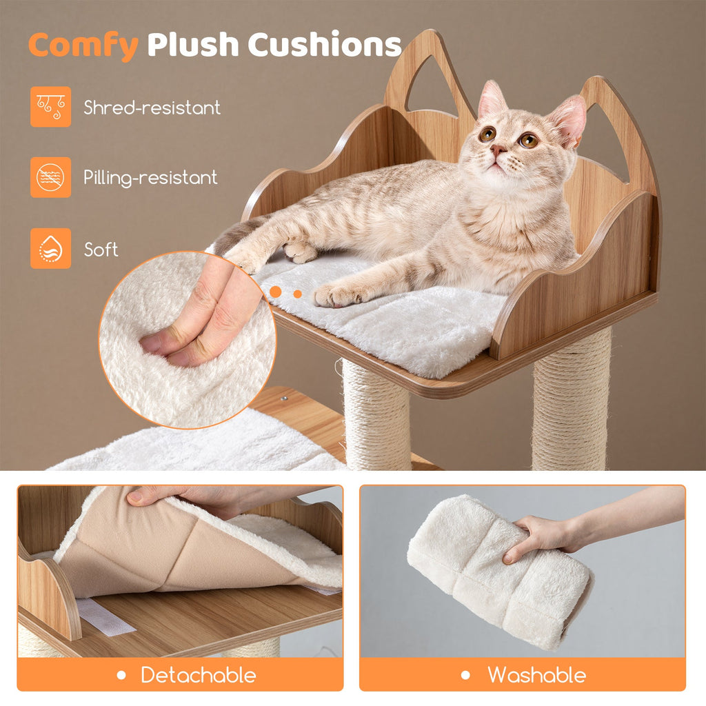 Wooden Cat Tree with 2-Floor Condo and Washable Cushions