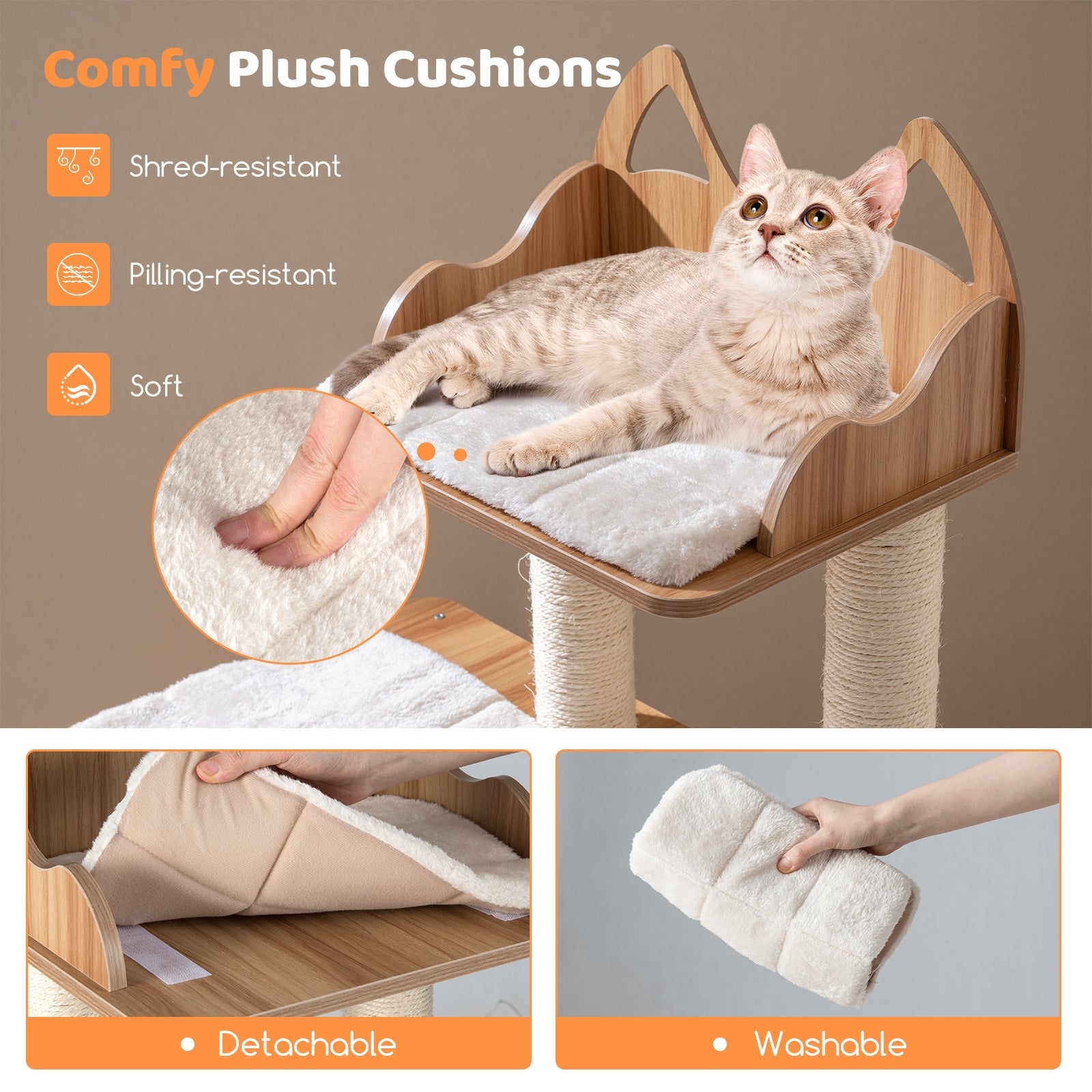 Wooden Cat Tree with 2-Floor Condo and Washable Cushions