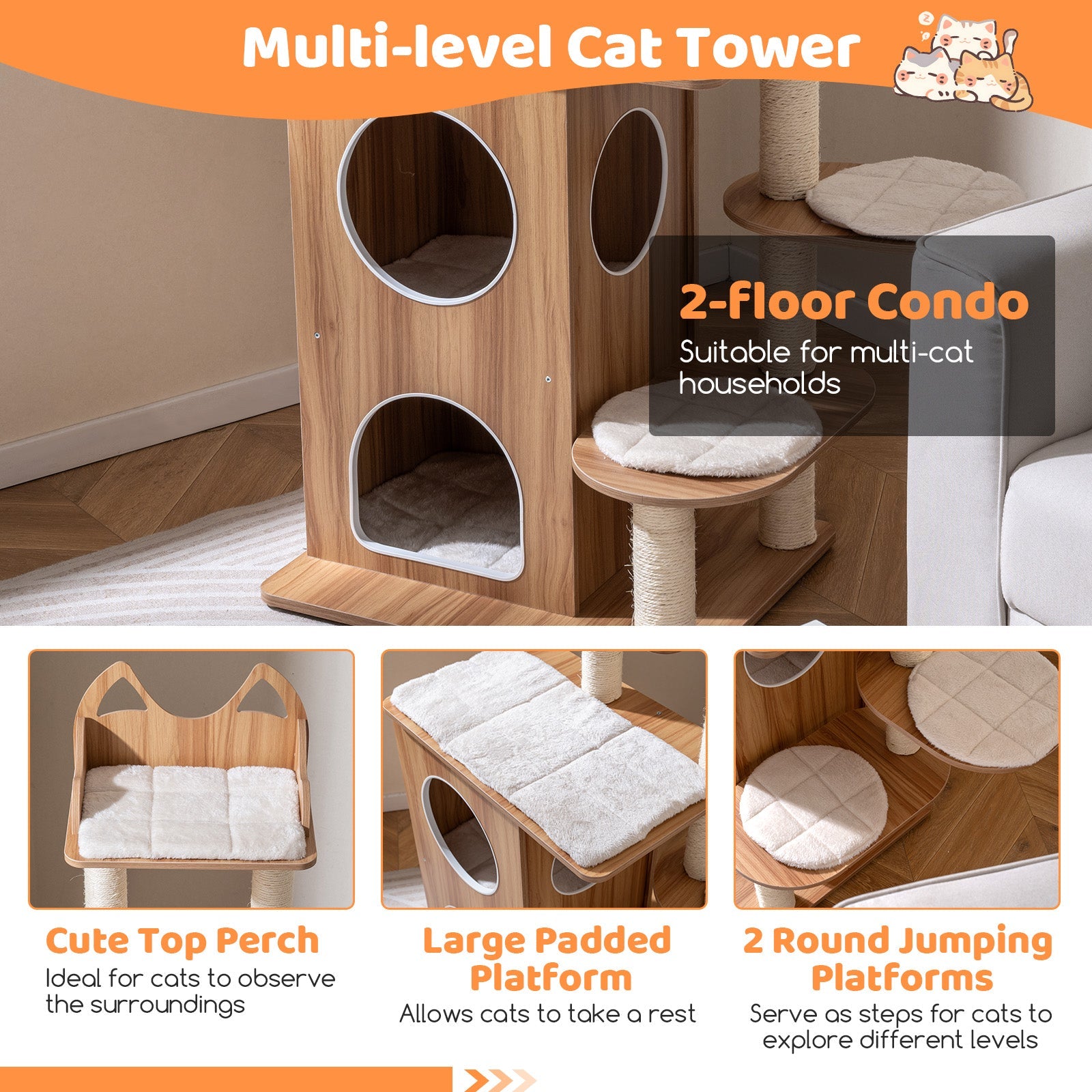 Wooden Cat Tree with 2-Floor Condo and Washable Cushions