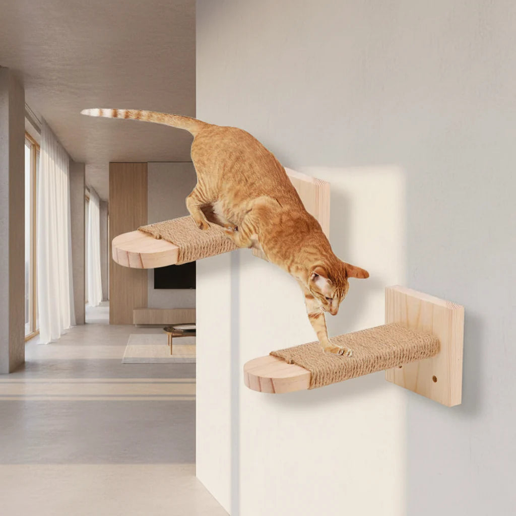 Climbing Ladder with Rope and Scratching Post -  Cat  - (Wall Mounted) - Wood) - (1,2, 3 Pc Options)
